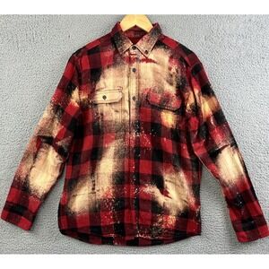 Upcycled George Flannel Bleached Shirt Mens Medium Red Plaid Minnesota Patch